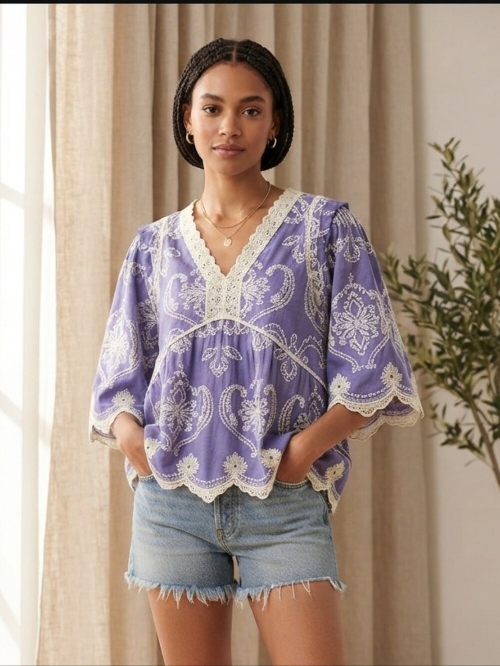 Democracy Embroidered Ruffle Blouse Relaxed Fit Boho Purple Size Medium